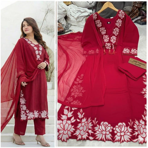 New ROMAN SILK FABRIC with Embroidery work Dress