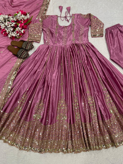 New Fancy Style Heavy Chinnon Silk Designer Anarkali Suit