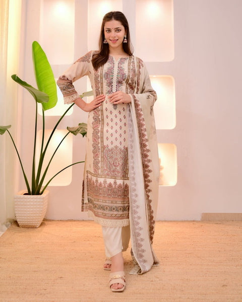 New Heavy Muslim simmer  With Heavy Digital Print With lace works Top-Bottom And Dupatta Set