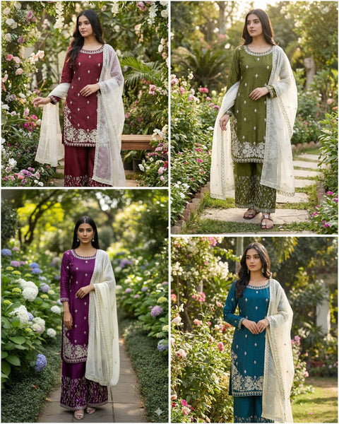 New Designer Collection In GMY SILK With Heavy Embroidery Sequence Work Top-Bottom And Dupatta Set Fully Stitched Ready To Wear