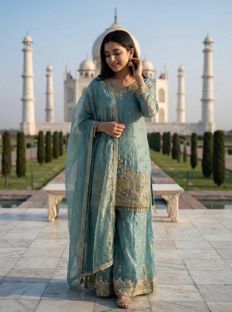 New Pure Fendy Silk With Heavy Embroidery Sequence Work Top-Bottom And Dupatta Set