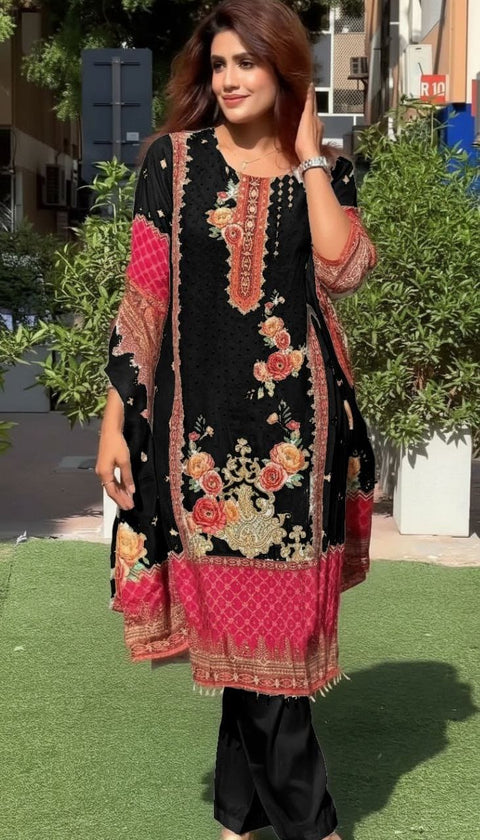 New Premium Chinon febric Pakistani Floral print and embroidery mirror works 3-Piece kurti SET