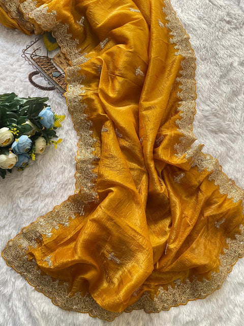 NEW TRENDING GLOD CRUSH FABRIC ON HEAVY EMBRODERY WORK SAREE