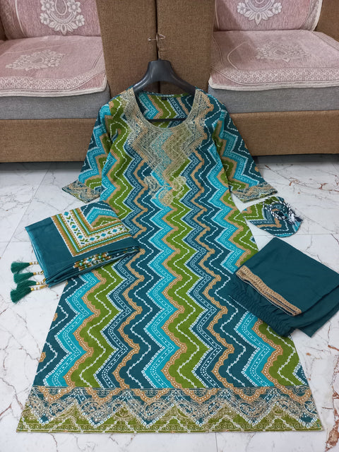 New Premium  printed kurti with pant and malmal full Dupatta