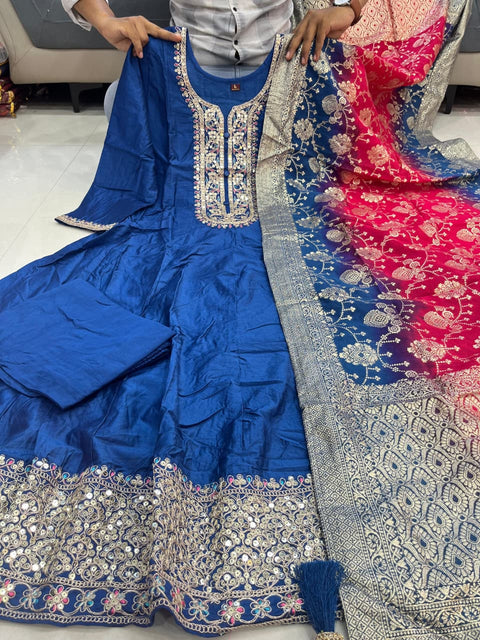 New Banana Silk Anarkali Flared Kurti Pant Dupatta Set