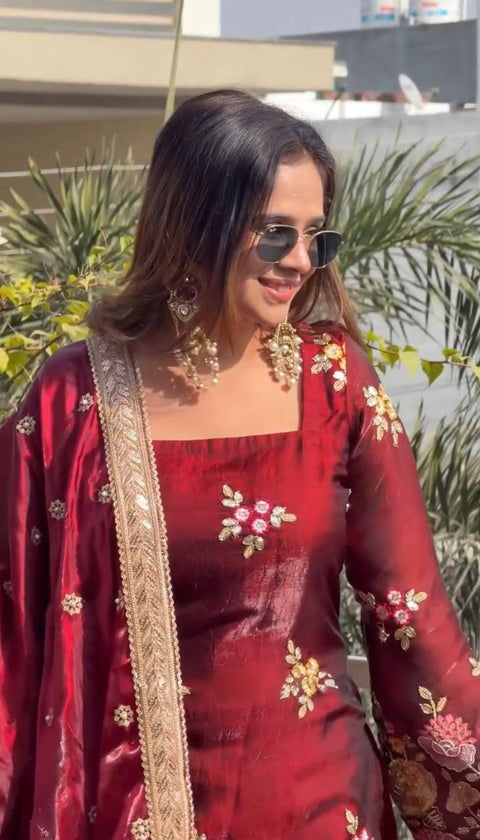 New Designer Collection In Pure Heavy  Organza poly silk With Heavy Embroidery Sequence Work Top-Bottom And Dupatta Set