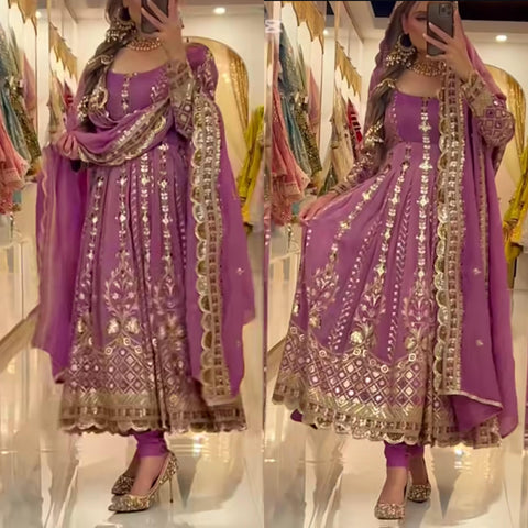 New Fancy Style Heavy Chinnon Silk Designer Anarkali Suit