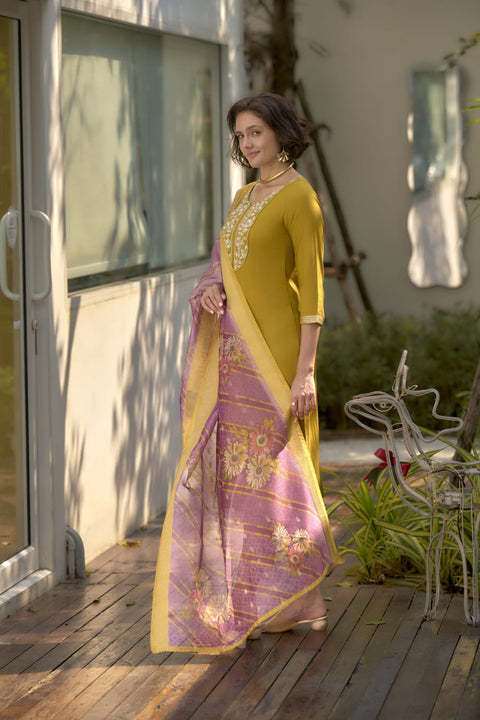 New Heavy Muslim Cotton With Heavy Rayon Cotton With Embroidery Sequence Work Top-Bottom And Dupatta Set