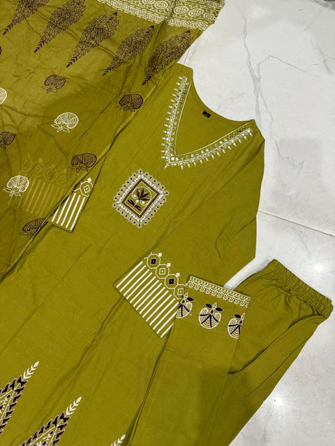 New Pure Cotton discharge print kurti with pant and mulmul printed dupatta