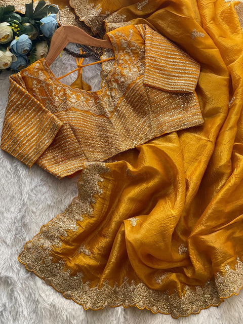 NEW TRENDING GLOD CRUSH FABRIC ON HEAVY EMBRODERY WORK SAREE
