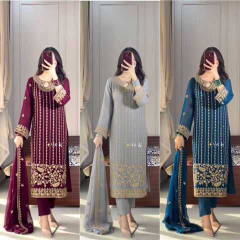 New Designer Party Wear Look Pur Chinon Silk Top Bottom & Dupatta Set