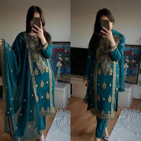 New Premium Pure Heavy Chinnon Silk With Heavy Embroidery Coding Sequence Work Dress
