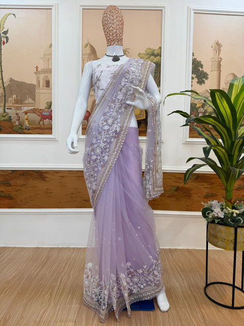 NEW SUPERHIT SAREE ON NYLON NET FABRIC WITH HEAVY EMBROIDERY & CUT-WORK BORDER WITH UNSTITCHED BLOUSE