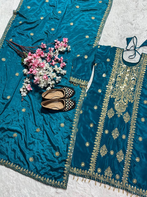 New Premium Pure Heavy Chinnon Silk With Heavy Embroidery Coding Sequence Work Dress