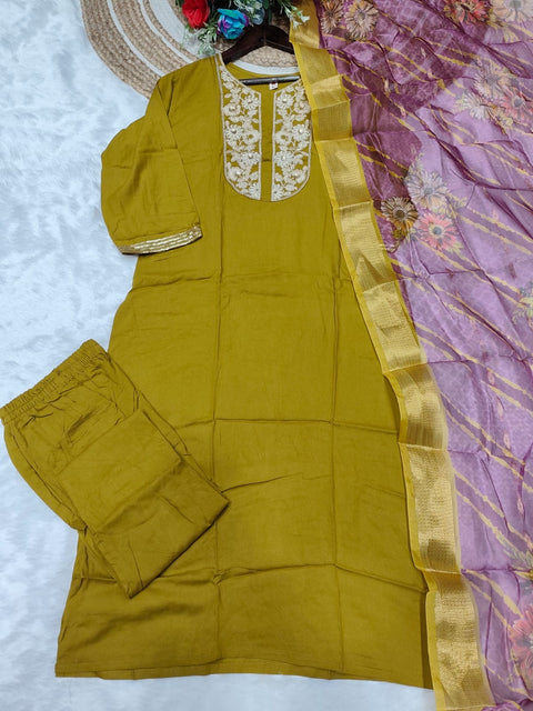 New Heavy Muslim Cotton With Heavy Rayon Cotton With Embroidery Sequence Work Top-Bottom And Dupatta Set