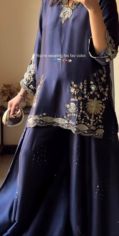 New premium Heavy Natural Crep Silk Heavy Bids Hand Work Embroidery Sequence Work Dress