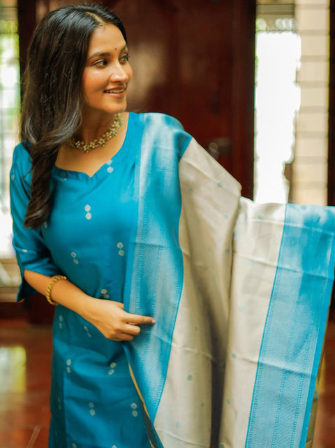 New Premium Sky Blue Rasmalai Women’s Kurta Pent Dupatta Set