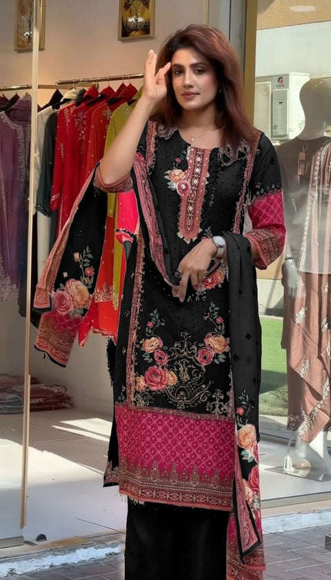 New Premium Chinon febric Pakistani Floral print and embroidery mirror works 3-Piece kurti SET