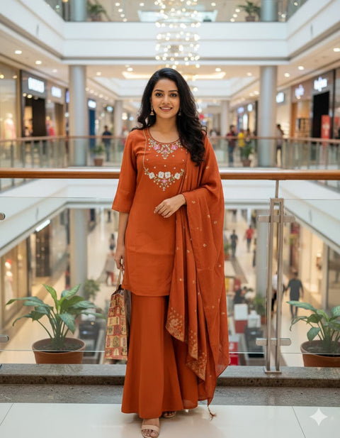 New Beautiful Real Hand WorkMuslin Silk DupattaRoman Silk PalazzoCHANDERI SHORT TOP SET