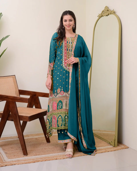 New DESIGNER WEAR JAYPURI TRENDING  TOP WITH PRINTED WORK WITH MIROR WORK WITH PLAZZO AND DUPATTA