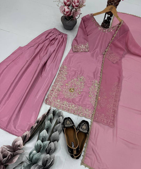 New DESIGNER HEAVY NATURAL CREAP EMBROIDERED SEQUENCE WORK WITH FANCY TOP SHARARA DUPATTA SET