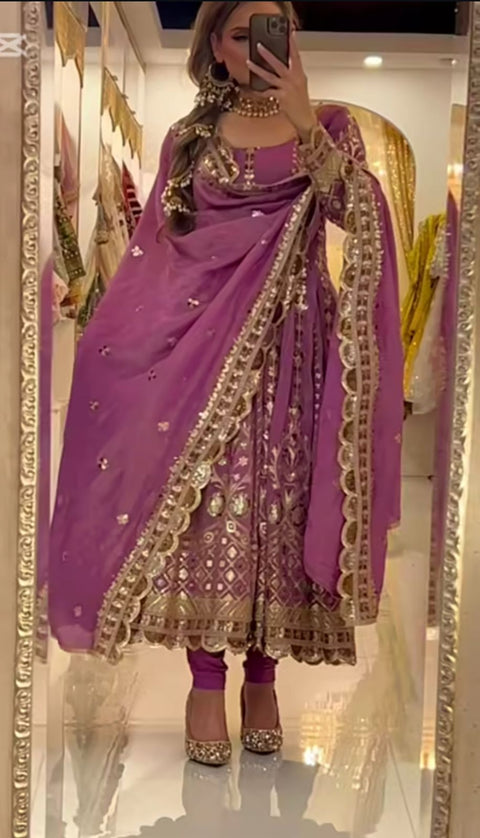 New Fancy Style Heavy Chinnon Silk Designer Anarkali Suit