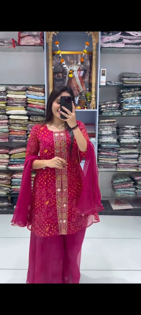 New Beautiful Purple And Pink Bandhani Printed Plazo set