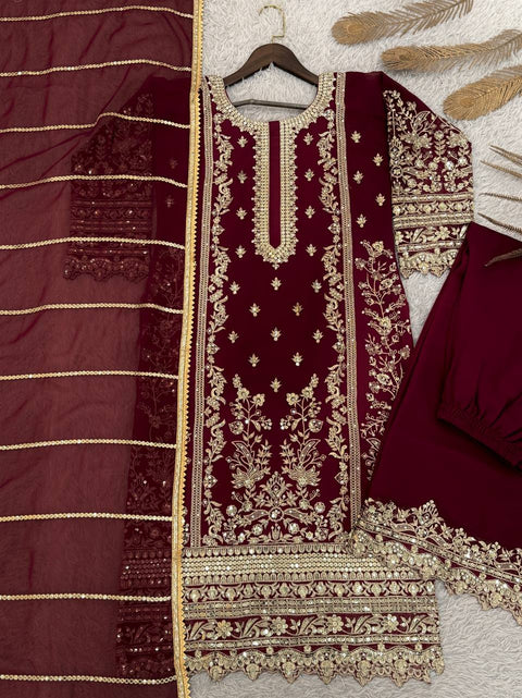 New PRESENTING 3 PIECE STYLISH KURTI, PLAZZO AND DUPATTA WITH BEAUTIFUL EMBROIDERY SEQUENCE WORK