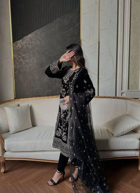 New Premium Korean Satin Silk With Sequence And Embroidery Work Dress