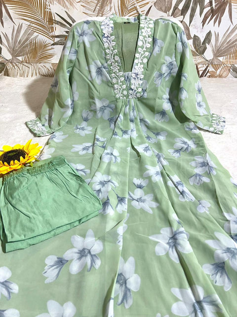 New Premium Georgette Chikankari lace V Neck Kurti Pant Set