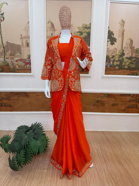 NEW SUPERHIT TRENDING READY TO WEAR SAREE WITH FULLY EMBROIDERED STYLIST BLOUSE & KOTI ON  RANGOLI FABRIC DRAPE SAREE