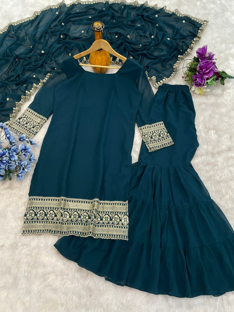 New Exclusively  Festive & Party Wear Heavy Fox Georgette With With Embroidery Sequence Work Top -Palazzo And Dupatta Set