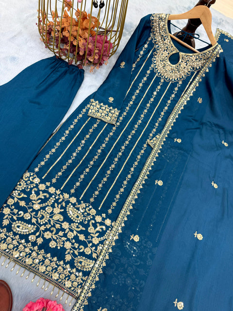 New Designer Party Wear Look Pur Chinon Silk Top Bottom & Dupatta Set