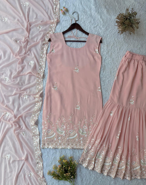 New PARTY AND WEDDING SEASON OUR 3 PIECE KURTI SARARA AND DUPATTA WITH SEQUENCE EMBROIDERY WORK
