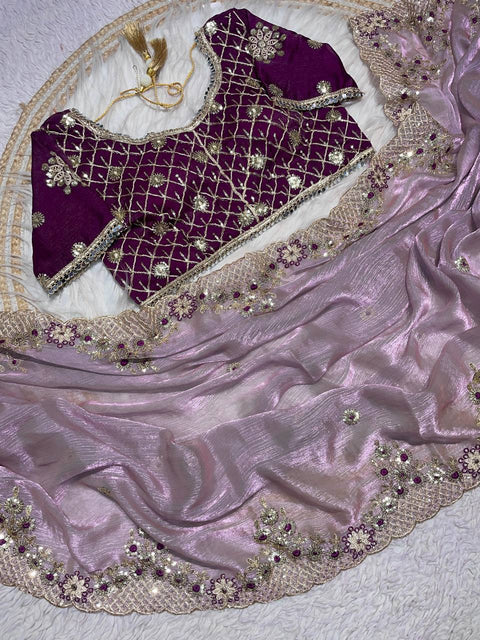 New Fendy Chiffon two ton  fully stitched Coding  sequence embroidery blouse with mirror lace touch up & fancy latkan saree