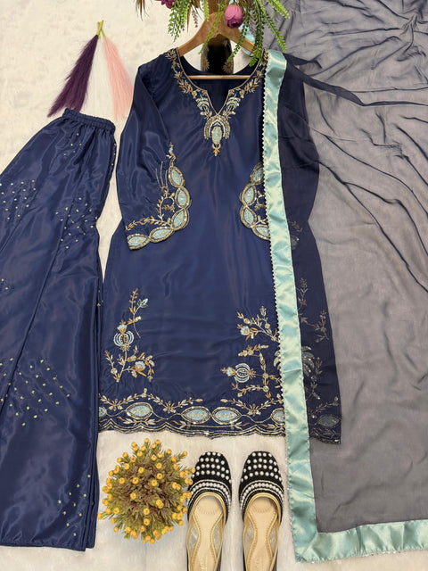 New premium Heavy Natural Crep Silk Heavy Bids Hand Work Embroidery Sequence Work Dress