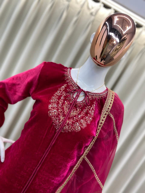 New VELVET DESIGNER WEAR KURTA PANT PAIR WITH EMBROIDERY WORK