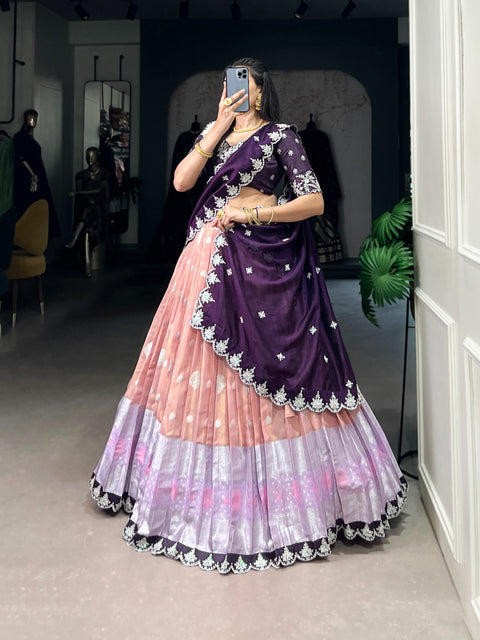 New Zari Weaving Work With Sequins and Thread Embroidery Scallop Lace Border Lehenga choli