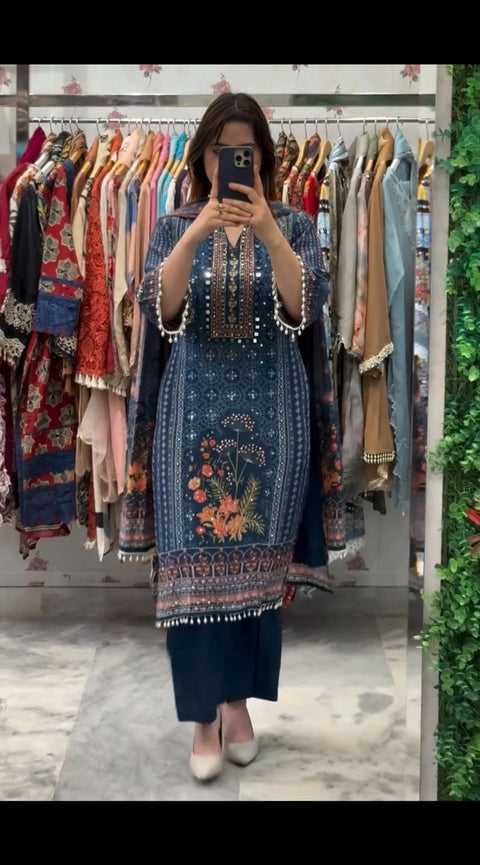 New DESIGNER WEAR PRINTED TOP WITH PANT PAIR IN REAL MIRROR AND DIAMOND WORK
