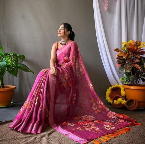 New Original Linen With Silver Jari Patta Digital Print saree