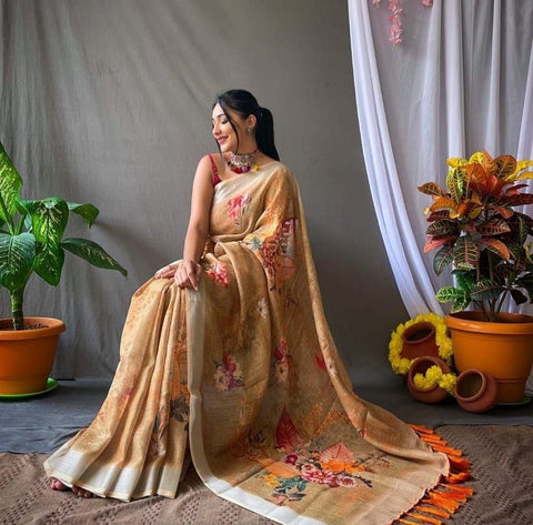 New Original Linen With Silver Jari Patta Digital Print saree