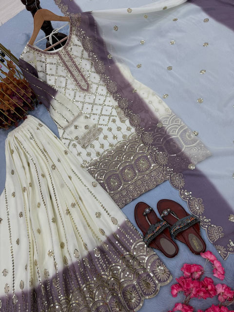 New  Designer Party Wear Look Pur Heavy Dual Tone Peding Star Georgette Top Plazzo & Dupatta Set