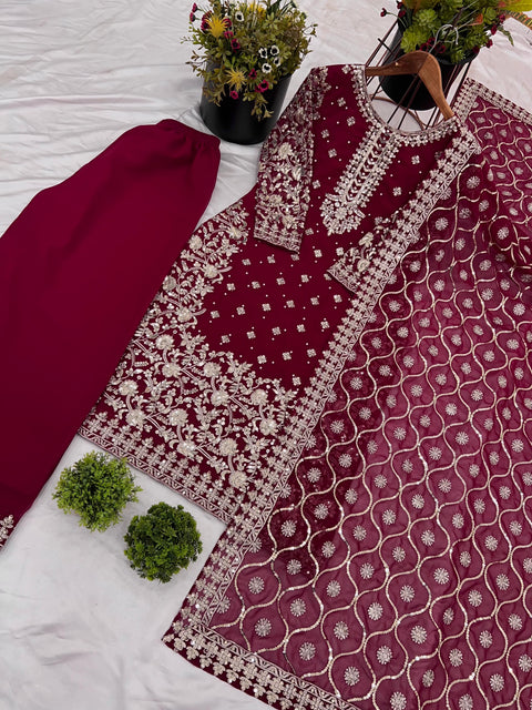 New Designer Party Wear Look Top-Plazzo and Dupatta With Heavy Embroidery Work
