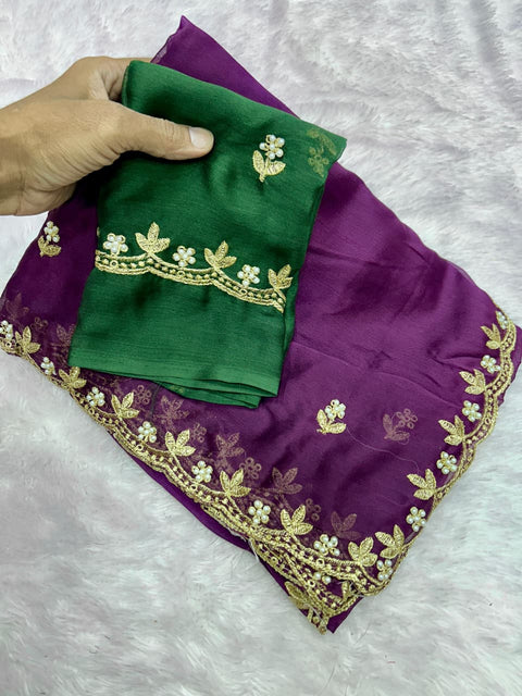 New Arrivals BestBeautiful Zari Embroidery Work With All Over Handwork With Cut Work Border Saree