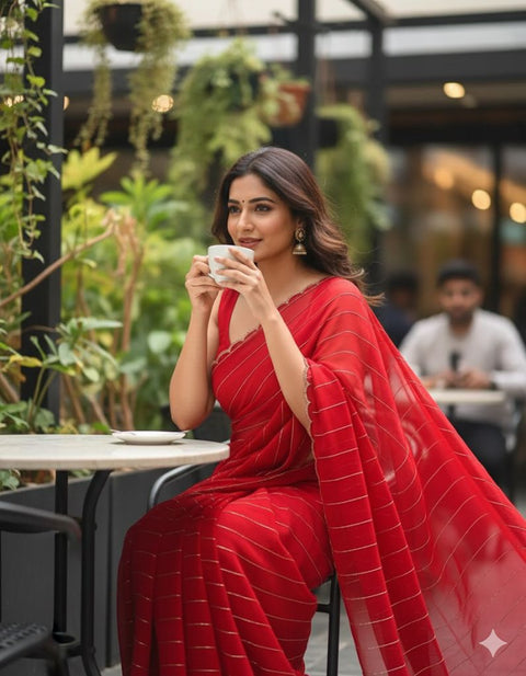 New pure red georgette saree Three Layer Cutdana Border And Double Layer Arco hand work Border Having All Over Saree