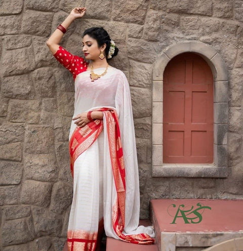 New Contrast Dola Banarasi Silk Blouse Viscose Georgette Saree