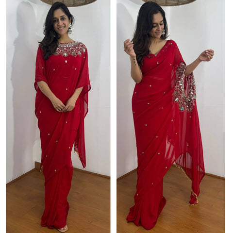 New EXCLUSIVE 2 STYLES HAND WORKED, DRAPE SAREE ON FAUX GEORGETTE FABRIC WITH STITCHED BLOUSE