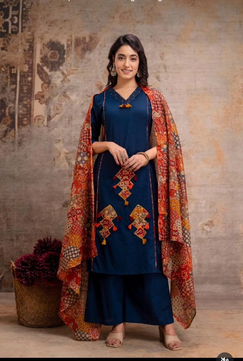 New launch 
Cotton Straight kurti with flair plazoo and dupatta sets
