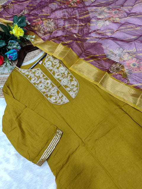 New Heavy Muslim Cotton With Heavy Rayon Cotton With Embroidery Sequence Work Top-Bottom And Dupatta Set