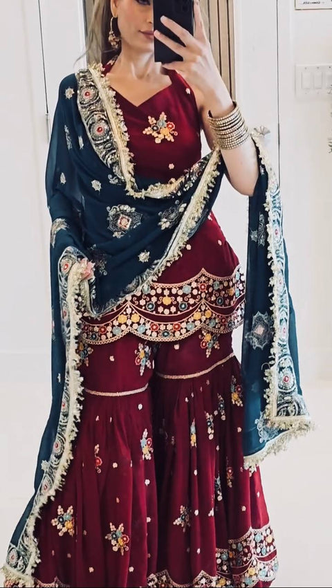 New Designer Party Wear Look Top-sarara and Dupatta With Heavy Embroidery Work